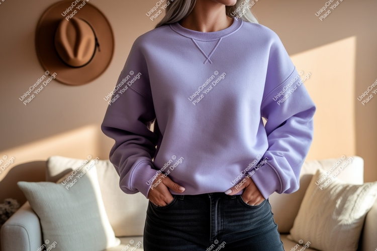 Lavender sweatshirt casual outfit mockup