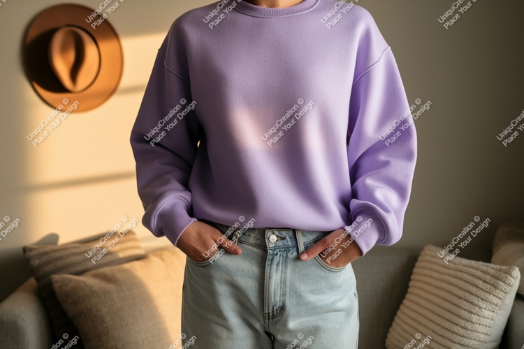 Lavender sweatshirt light denim jeans mockup apparel