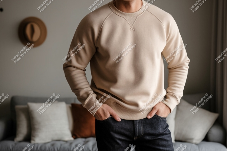 Man wearing beige sweatshirt dark jeans image