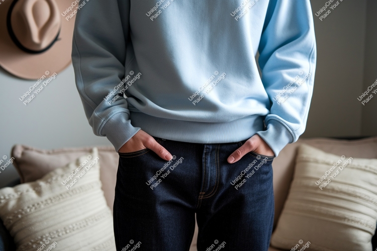 Light blue sweatshirt dark denim jeans image