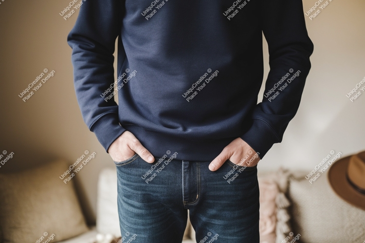 Person wearing dark blue sweatshirt and denim jeans