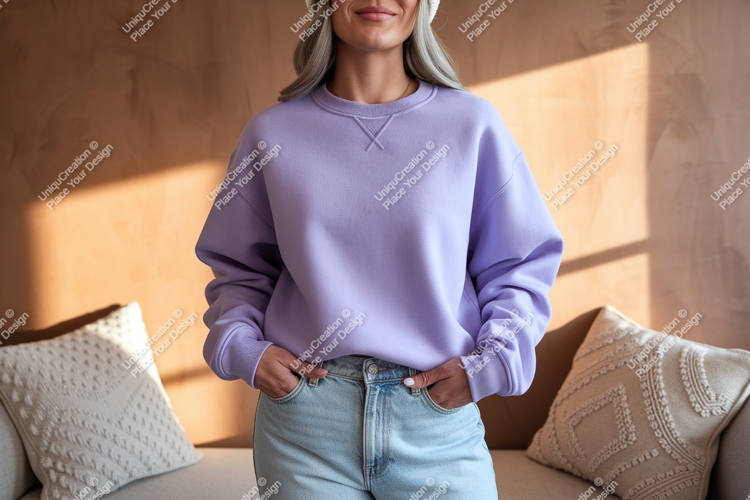 Lavender sweatshirt light denim jeans mockup