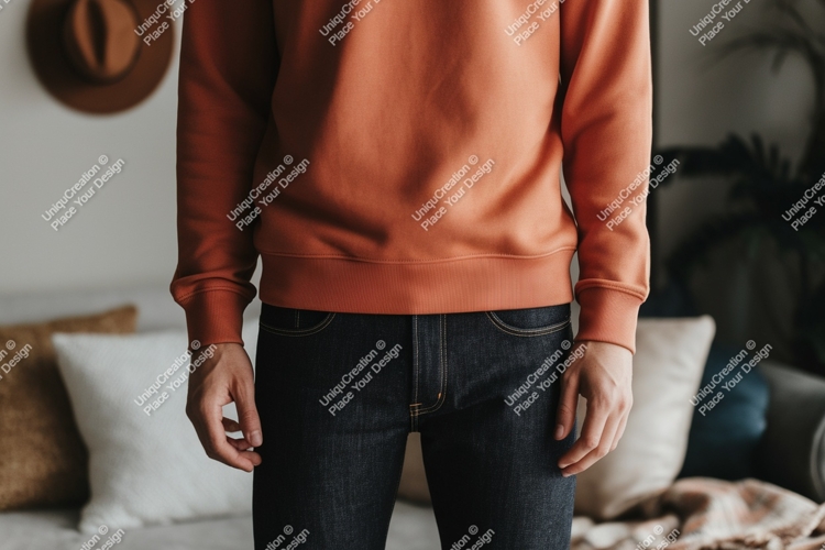 Orange sweatshirt dark denim jeans mockup image