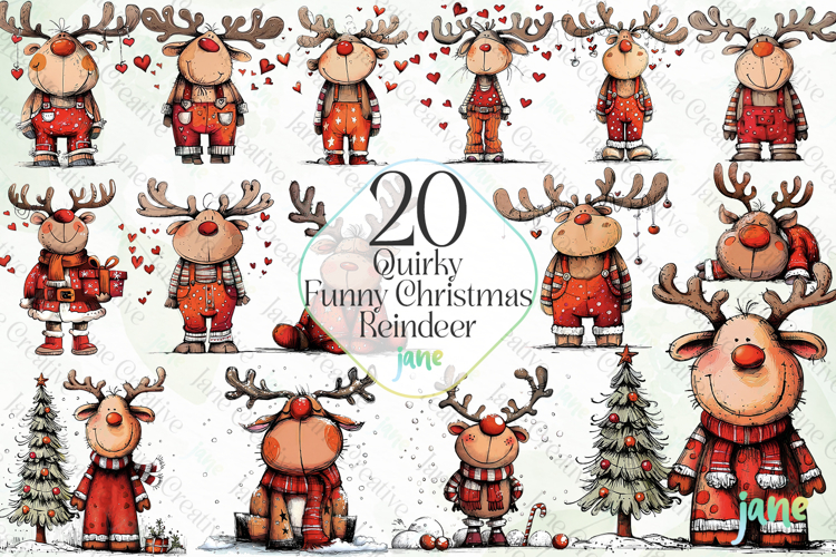 Quirky Funny Christmas Reindeer Clipart Bundle