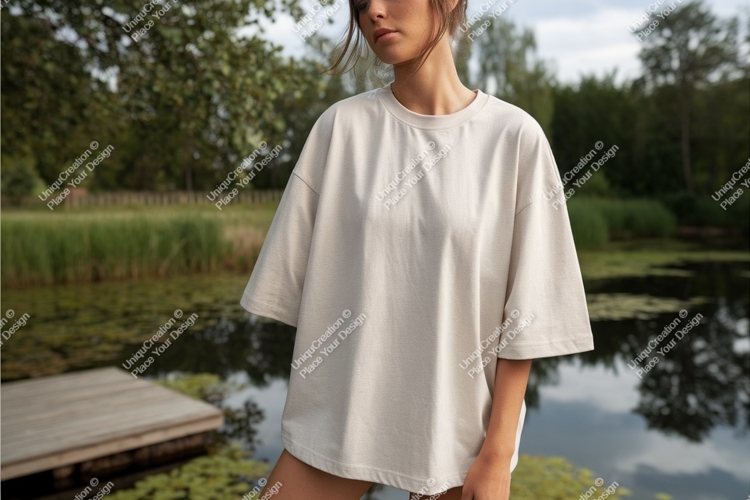 Woman in beige tshirt by lake mockup