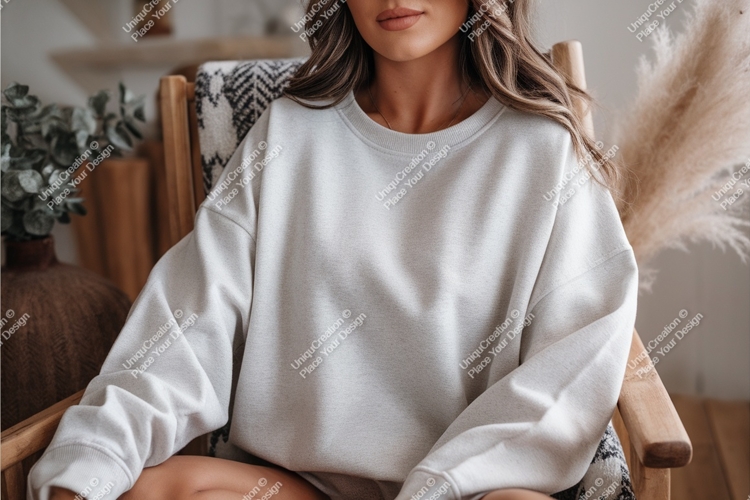 Woman in cozy sweatshirt mockup