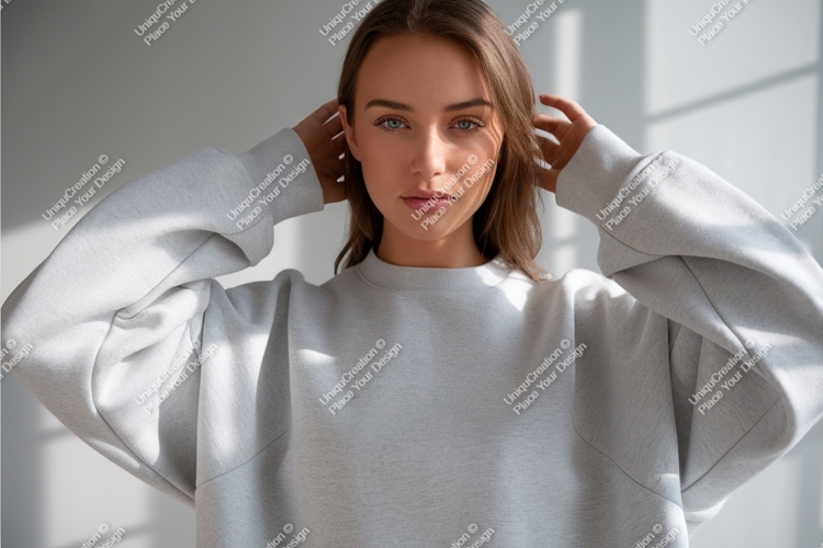 Woman in gray sweatshirt indoors mockup