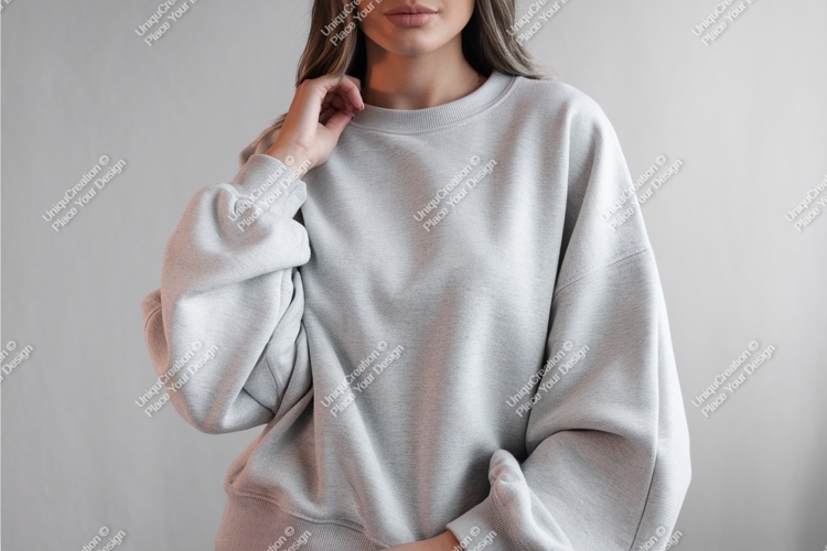 Woman in gray sweatshirt mockup