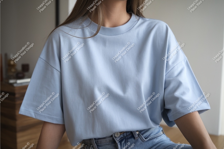 Woman in blue shirt and jeans mockup