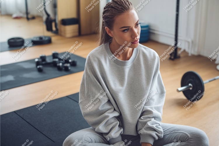 Woman in gray sweatshirt mockup