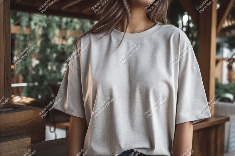 Woman in beige tshirt mockup