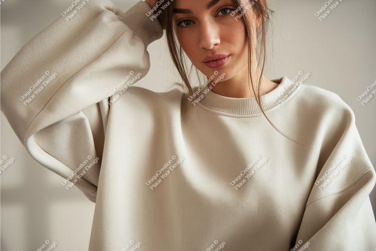 Woman in sweatshirt looking down mockup