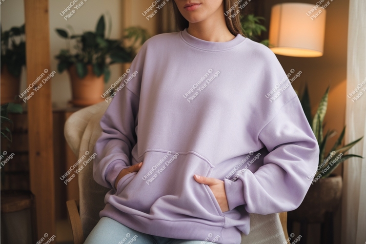 Woman in lilac sweatshirt indoors mockup