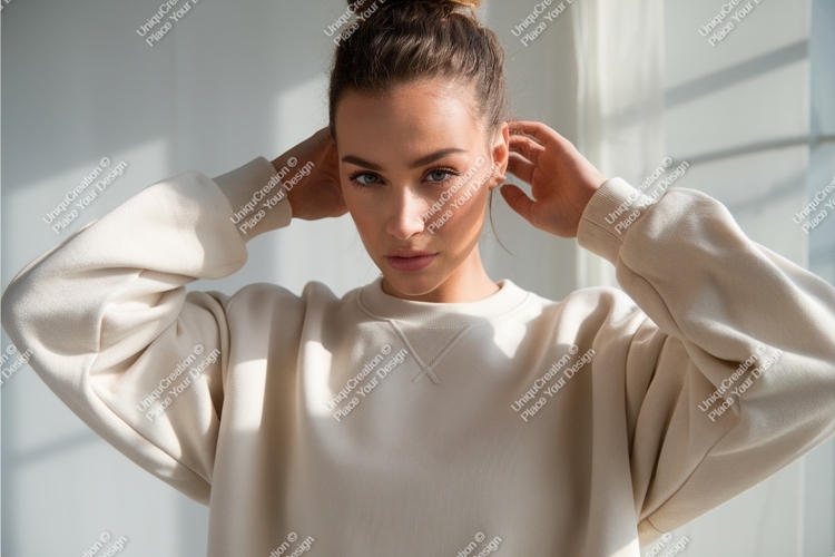 Woman in white sweatshirt mockup