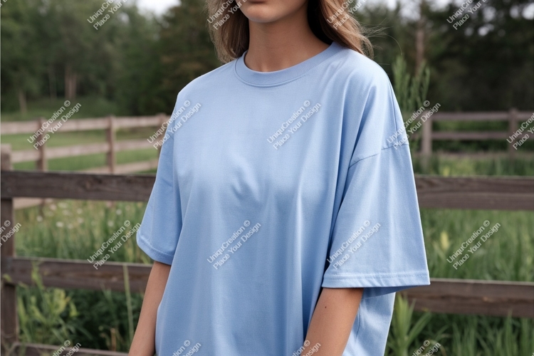 Woman in blue tshirt outdoors mockup