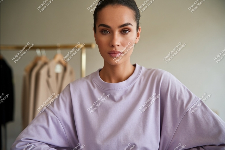 Woman in lilac shirt looking mockup