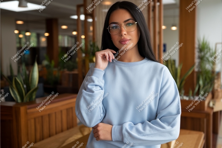 Brunette woman in blue sweatshirt mockup