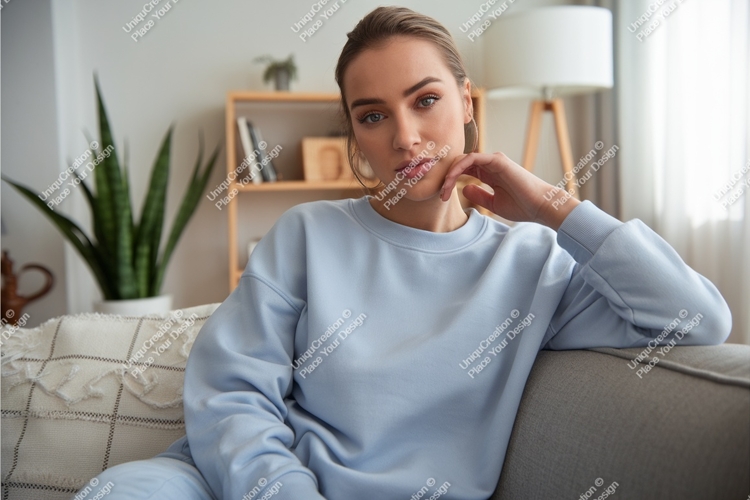 Woman in a blue sweatshirt mockup
