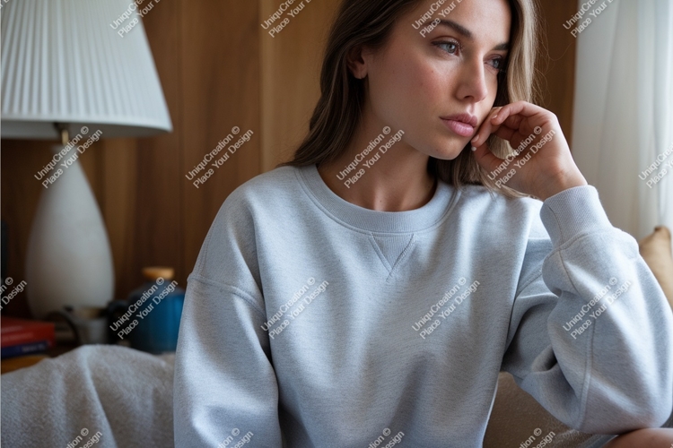 Woman in gray sweatshirt mockup