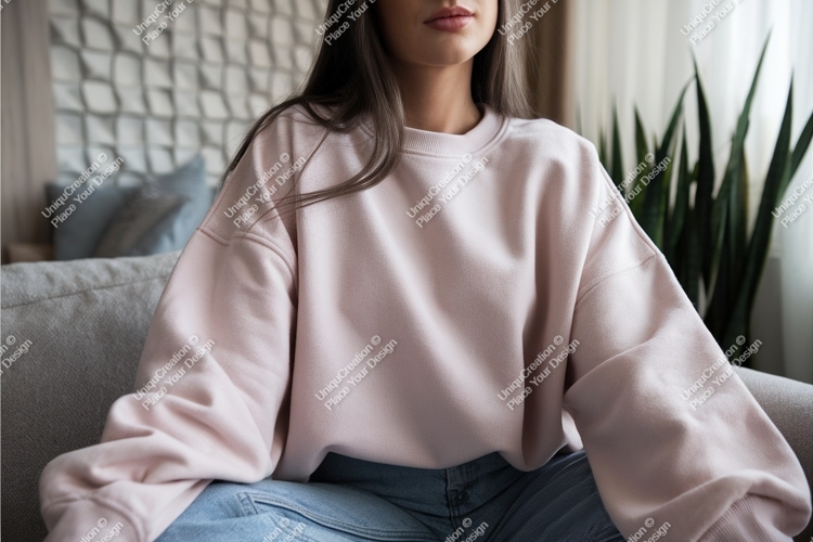 Woman in pink sweatshirt mockup