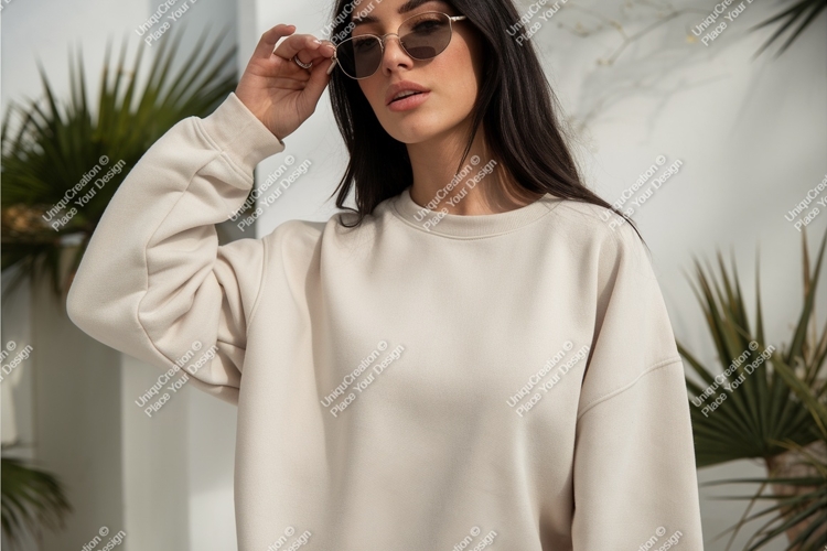 Woman in beige sweatshirt mockup