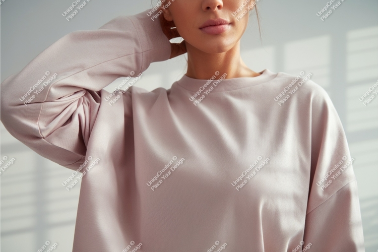 Woman in beige sweatshirt mockup