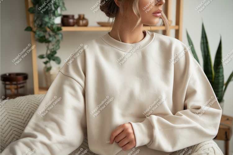 Woman in beige sweatshirt indoors mockup