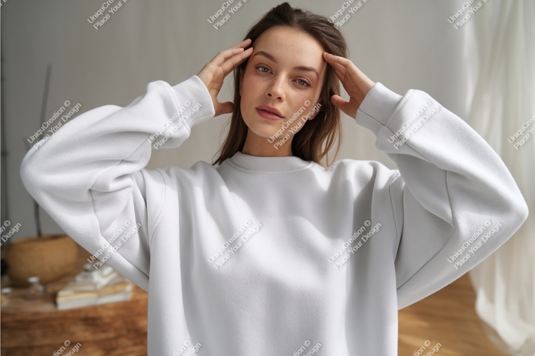 Woman in white sweatshirt portrait mockup