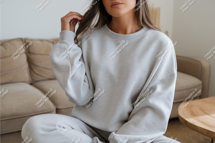 Woman in sweatshirt sitting indoor mockup