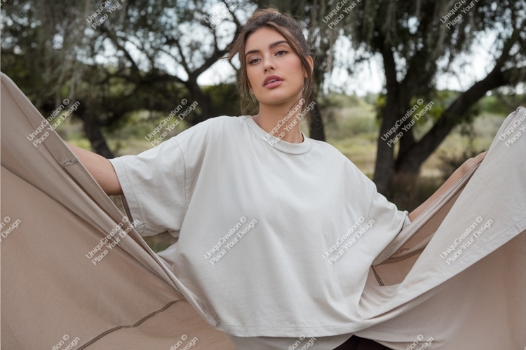 Woman in a beige tshirt mockup