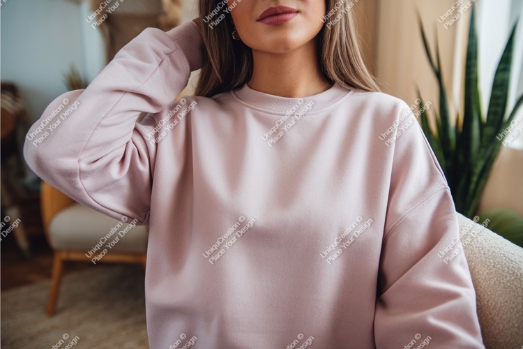 Woman in pink sweatshirt indoors mockup