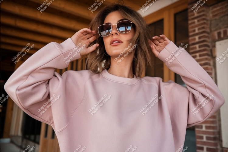 Woman in pink sweatshirt mockup