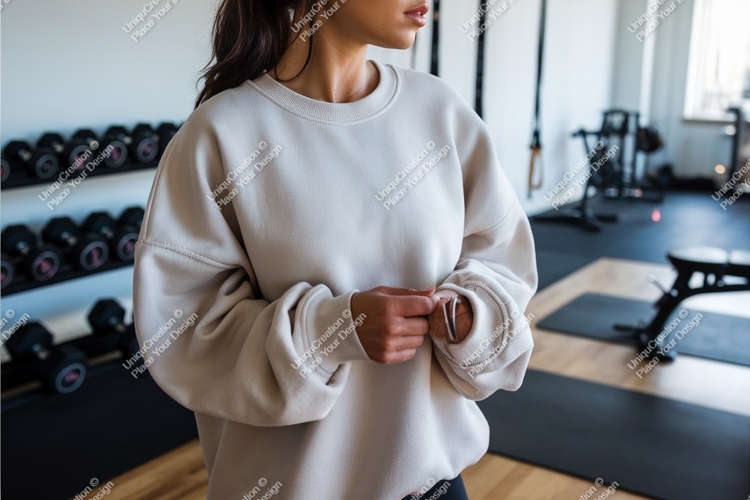 Woman in beige sweatshirt at gym mockup