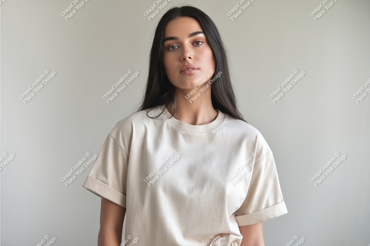 Woman wears a beige tshirt mockup example image 1