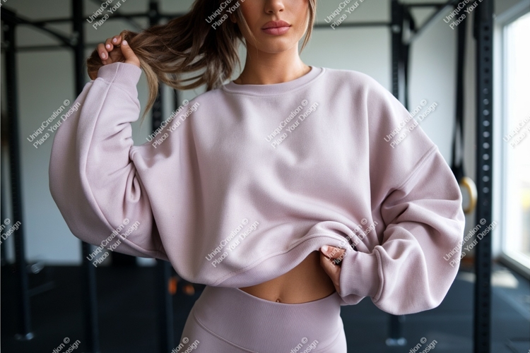Woman in sweatshirt in gym setting mockup