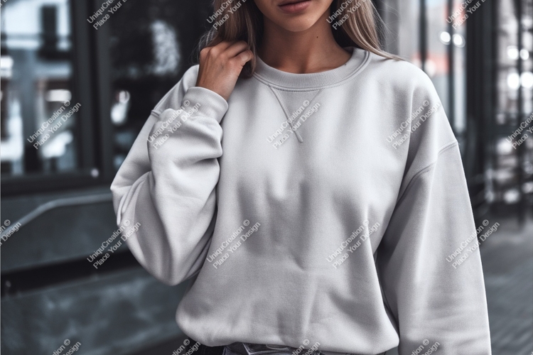 Woman wears a gray sweatshirt mockup