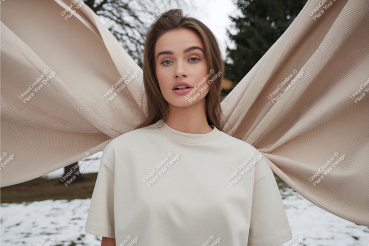 Woman poses with draped fabric mockup