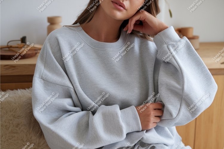 Woman in gray sweatshirt mockup