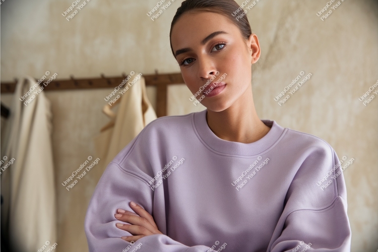Woman in sweatshirt indoor mockup