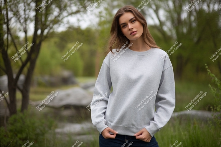 Woman in gray sweatshirt mockup