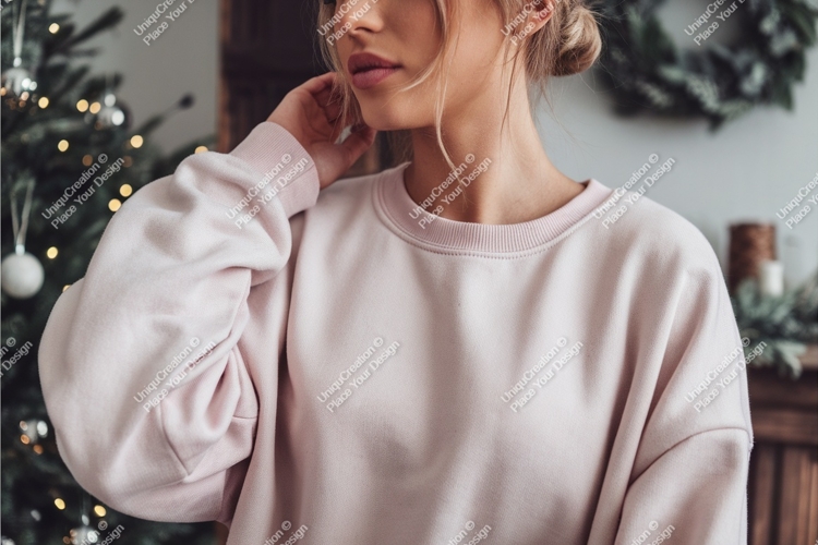 Woman in pink sweatshirt near tree mockup