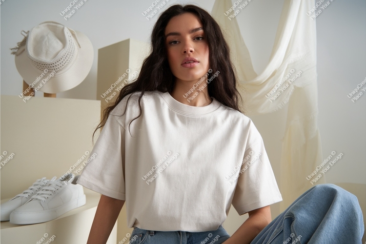 Woman in tshirt and jeans mockup