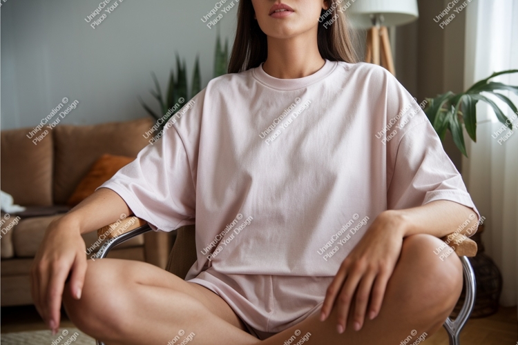 Woman in pink tshirt sitting mockup