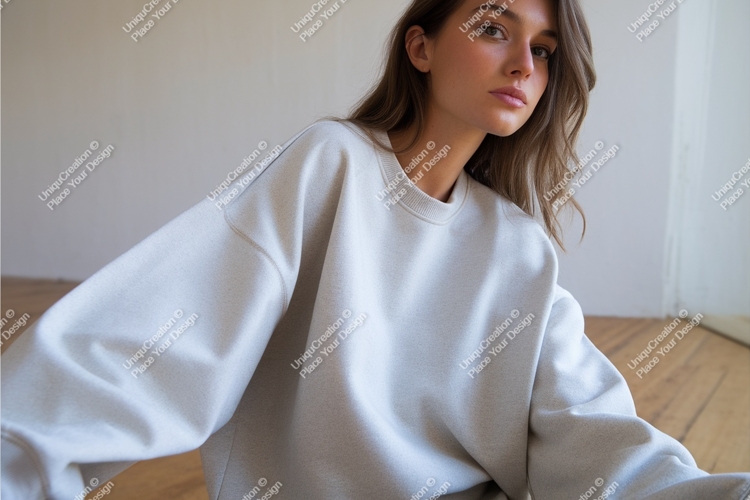 Woman in beige sweatshirt mockup