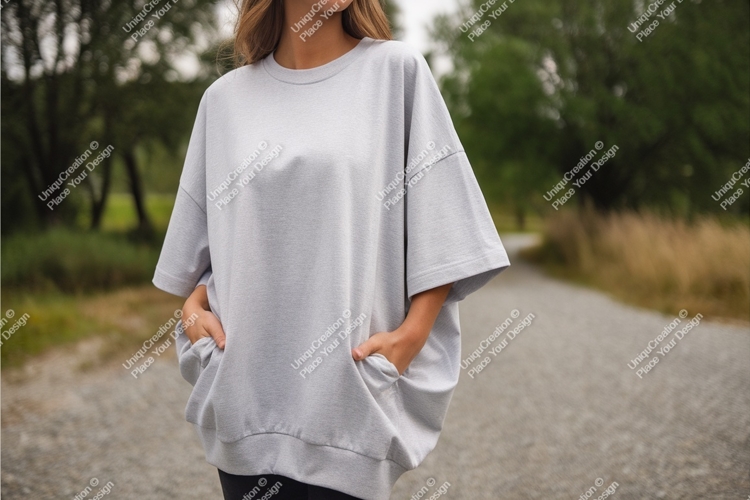 Woman in gray sweatshirt mockup
