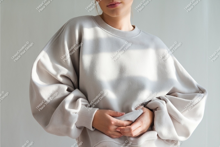 Woman in beige sweatshirt mockup