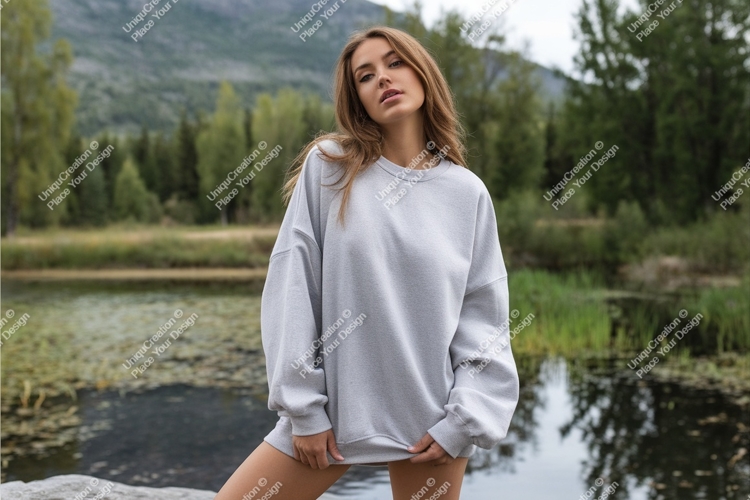 Woman in gray sweatshirt mockup