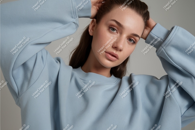 Woman in blue sweatshirt mockup