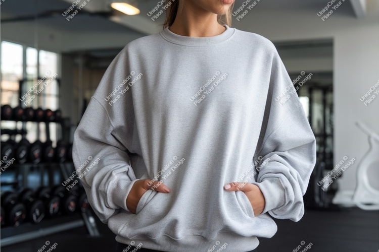 Woman in grey sweatshirt mockup