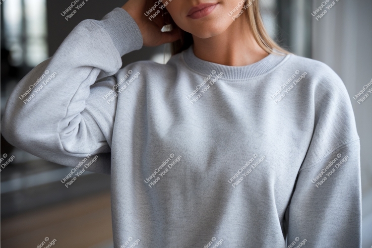 Woman in gray sweatshirt indoors mockup